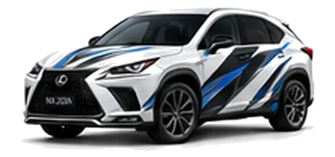 Lexus NX 300h in Sonic White with black, white, grey and blue angular vinyl side graphics, front three-quarter view on a white background.