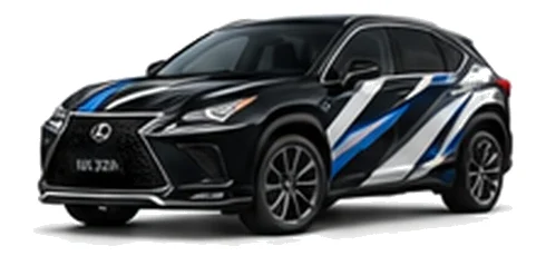 Lexus NX 300h in Graphite Black with black, white, grey and blue angular vinyl side graphics, front three-quarter view on a white background.