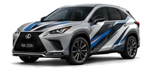 Lexus NX 300h in Sonic Titanium with black, white, grey and blue angular vinyl side graphics, front three-quarter view on a white background.