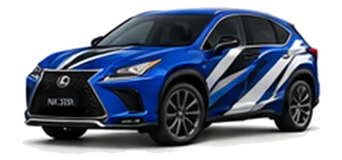 Lexus NX 300h in Azure Blue with black, white, grey and blue angular vinyl side graphics, front three-quarter view on a white background.