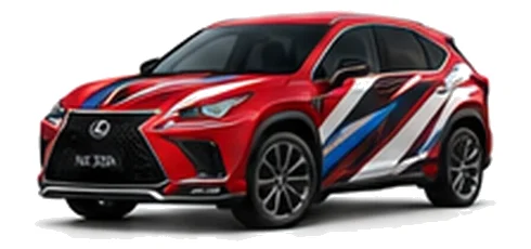 Lexus NX 300h in Sonic Red with black, white, grey and blue angular vinyl side graphics, front three-quarter view on a white background.