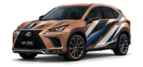 Lexus NX 300h in Sonic Copper with black, white, grey and blue angular vinyl side graphics, front three-quarter view on a white background.