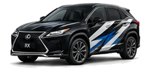 Lexus RX in Graphite Black with black, white, grey and blue angular vinyl side graphics, front three-quarter view on a white background.