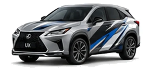 Lexus RX in Sonic Titanium with black, white, grey and blue angular vinyl side graphics, front three-quarter view on a white background.