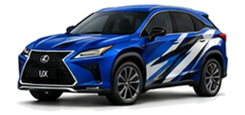Lexus RX in Azure Blue with black, white, grey and blue angular vinyl side graphics, front three-quarter view on a white background.