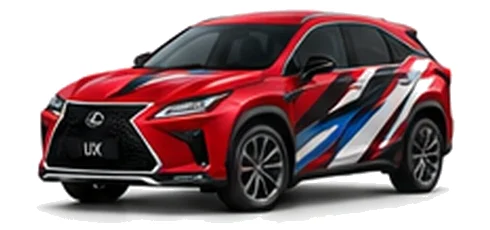 Lexus RX in Sonic Red with black, white, grey and blue angular vinyl side graphics, front three-quarter view on a white background.