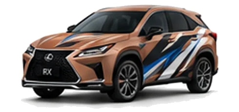 Lexus RX in Sonic Copper with black, white, grey and blue angular vinyl side graphics, front three-quarter view on a white background.