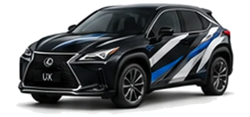 Lexus UX in Graphite Black with black, white, grey and blue angular vinyl side graphics, front three-quarter view on a white background.