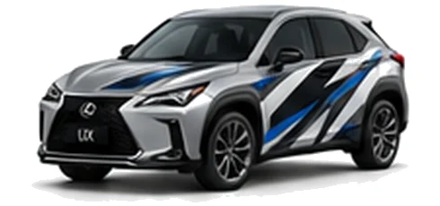 Lexus UX in Sonic Titanium with black, white, grey and blue angular vinyl side graphics, front three-quarter view on a white background.
