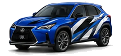 Lexus UX in Azure Blue with black, white, grey and blue angular vinyl side graphics, front three-quarter view on a white background.