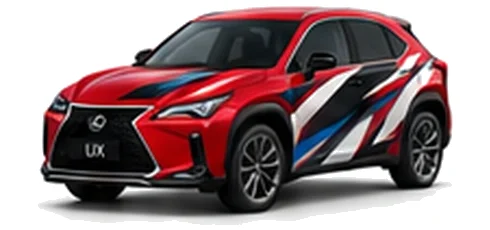 Lexus UX in Sonic Red with black, white, grey and blue angular vinyl side graphics, front three-quarter view on a white background.