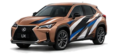 Lexus UX in Sonic Copper with black, white, grey and blue angular vinyl side graphics, front three-quarter view on a white background.