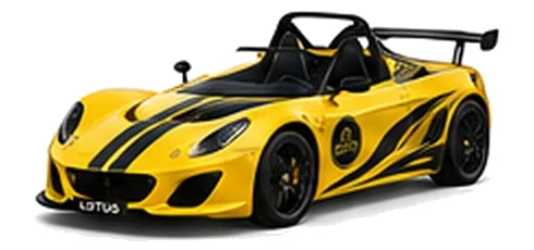 Lotus 2-Eleven in Hethel Yellow with contrasting flowing vinyl side graphics and bonnet stripes, front three-quarter view on a white background.