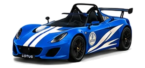 Lotus 2-Eleven in Seneca Blue with contrasting flowing vinyl side graphics and bonnet stripes, front three-quarter view on a white background.