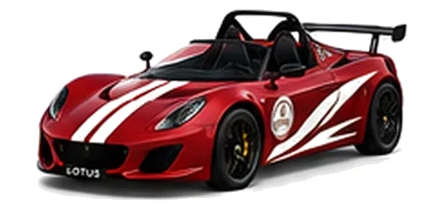 Lotus 2-Eleven in Magma Red with contrasting flowing vinyl side graphics and bonnet stripes, front three-quarter view on a white background.