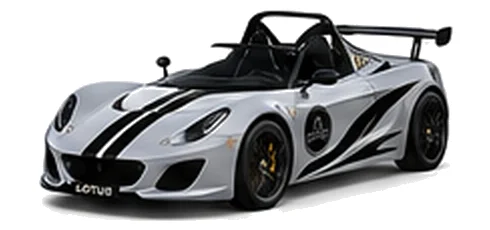 Lotus 2-Eleven in Nimbus Grey with contrasting flowing vinyl side graphics and bonnet stripes, front three-quarter view on a white background.