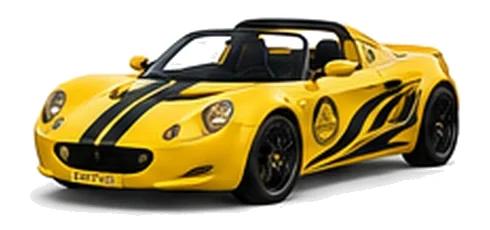 Lotus Elise S1 in Hethel Yellow with contrasting flowing vinyl side graphics and bonnet stripes, front three-quarter view on a white background.