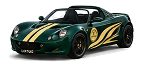 Lotus Elise S1 in Dark Verdant with contrasting flowing vinyl side graphics and bonnet stripes, front three-quarter view on a white background.