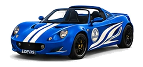 Lotus Elise S1 in Seneca Blue with contrasting flowing vinyl side graphics and bonnet stripes, front three-quarter view on a white background.