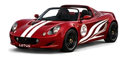 Lotus Elise S1 in Magma Red with contrasting flowing vinyl side graphics and bonnet stripes, front three-quarter view on a white background.