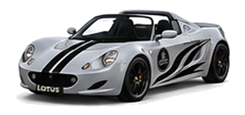 Lotus Elise S1 in Nimbus Grey with contrasting flowing vinyl side graphics and bonnet stripes, front three-quarter view on a white background.