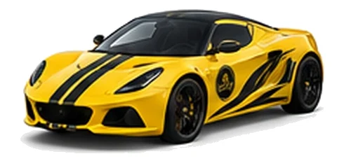 Lotus Emira in Hethel Yellow with contrasting flowing vinyl side graphics and bonnet stripes, front three-quarter view on a white background.