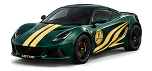 Lotus Emira in Dark Verdant with contrasting flowing vinyl side graphics and bonnet stripes, front three-quarter view on a white background.