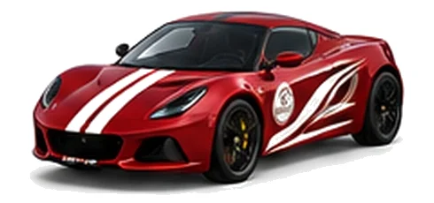 Lotus Emira in Magma Red with contrasting flowing vinyl side graphics and bonnet stripes, front three-quarter view on a white background.