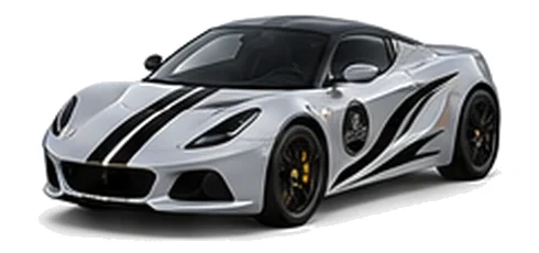 Lotus Emira in Nimbus Grey with contrasting flowing vinyl side graphics and bonnet stripes, front three-quarter view on a white background.