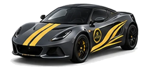 Lotus Emira in Shadow Grey with contrasting flowing vinyl side graphics and bonnet stripes, front three-quarter view on a white background.