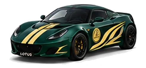 Lotus Evora in Dark Verdant with contrasting flowing vinyl side graphics and bonnet stripes, front three-quarter view on a white background.