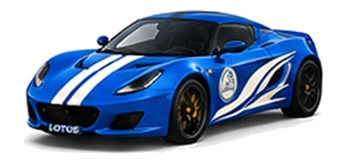 Lotus Evora in Seneca Blue with contrasting flowing vinyl side graphics and bonnet stripes, front three-quarter view on a white background.