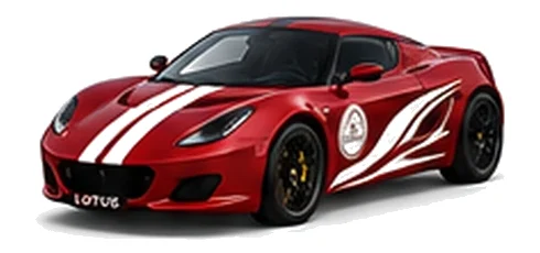 Lotus Evora in Magma Red with contrasting flowing vinyl side graphics and bonnet stripes, front three-quarter view on a white background.