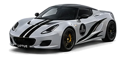 Lotus Evora in Nimbus Grey with contrasting flowing vinyl side graphics and bonnet stripes, front three-quarter view on a white background.