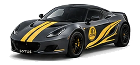 Lotus Evora in Shadow Grey with contrasting flowing vinyl side graphics and bonnet stripes, front three-quarter view on a white background.