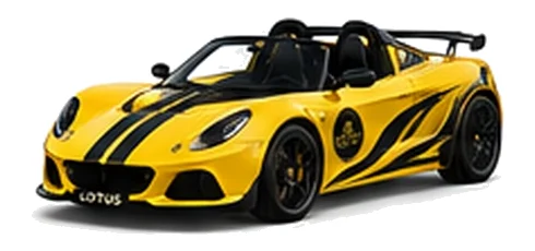 Lotus Exige S V6 in Hethel Yellow with custom vinyl graphics, front three-quarter view.