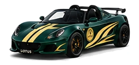 Lotus Exige S V6 in Dark Verdant with custom vinyl graphics, front three-quarter view.