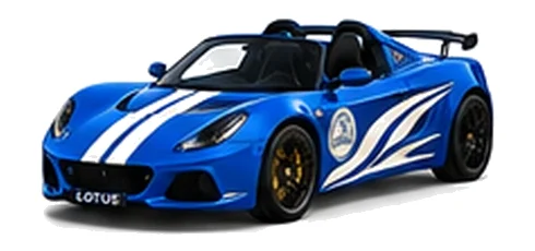 Lotus Exige S V6 in Seneca Blue with custom vinyl graphics, front three-quarter view.