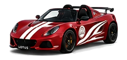 Lotus Exige S V6 in Magma Red with custom vinyl graphics, front three-quarter view.