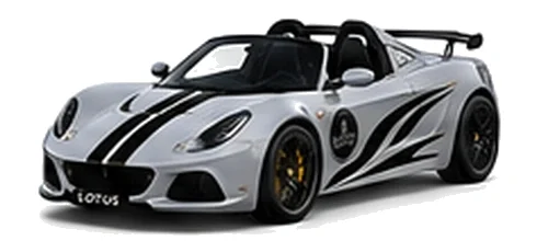 Lotus Exige S V6 in Nimbus Grey with custom vinyl graphics, front three-quarter view.