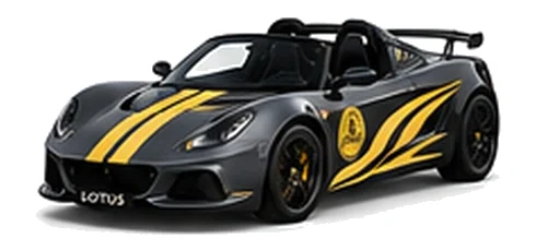 Lotus Exige S V6 in Shadow Grey with custom vinyl graphics, front three-quarter view.