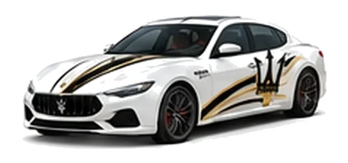 Maserati Ghibli in Bianco with contrasting sweeping vinyl stripes and trident side graphics, front three-quarter view on a white background.