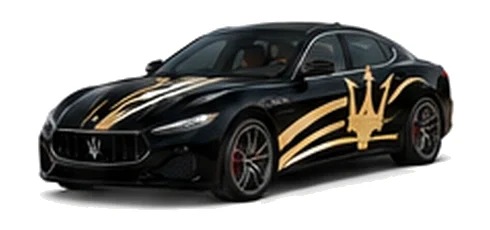 Maserati Ghibli in Nero Ribelle with contrasting sweeping vinyl stripes and trident side graphics, front three-quarter view on a white background.