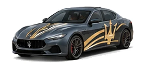 Maserati Ghibli in Grigio Maratea with contrasting sweeping vinyl stripes and trident side graphics, front three-quarter view on a white background.