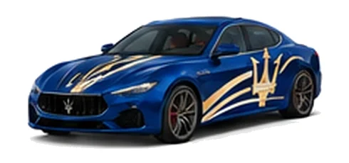 Maserati Ghibli in Blu Emozione with contrasting sweeping vinyl stripes and trident side graphics, front three-quarter view on a white background.