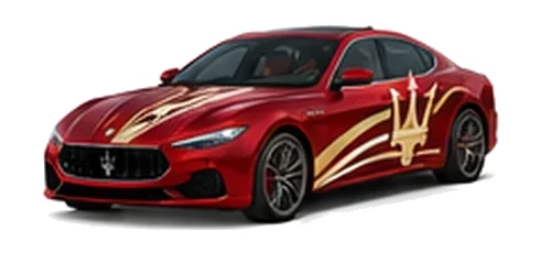 Maserati Ghibli in Rosso Magma with contrasting sweeping vinyl stripes and trident side graphics, front three-quarter view on a white background.