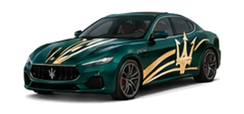 Maserati Ghibli in Verde Royale with contrasting sweeping vinyl stripes and trident side graphics, front three-quarter view on a white background.