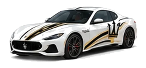 Maserati GranTurismo in Bianco with contrasting sweeping vinyl stripes and trident side graphics, front three-quarter view on a white background.