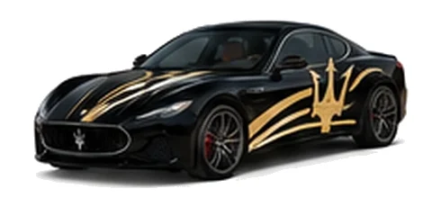 Maserati GranTurismo in Nero Ribelle with contrasting sweeping vinyl stripes and trident side graphics, front three-quarter view on a white background.