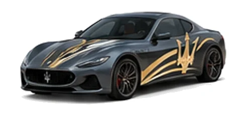 Maserati GranTurismo in Grigio Maratea with contrasting sweeping vinyl stripes and trident side graphics, front three-quarter view on a white background.